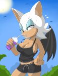  2023 anthro bat beverage bodily_fluids breasts cleavage clothed clothing container cup day eyeshadow female fur green_eyes hi_res makeup mammal membrane_(anatomy) membranous_wings narrowed_eyes rouge_the_bat sega solo sonic_the_hedgehog_(series) sun sweat tan_body tan_skin white_body white_fur wings zebra10045 