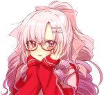  1girl commentary drill_hair drill_ponytail drill_sidelocks glasses hands_on_own_cheeks hands_on_own_face hyakumantenbara_salome hyakumantenbara_salome_(2nd_costume) jacket lanlanlap long_hair nijisanji pink_eyes pink_hair ponytail sidelocks sleeves_past_wrists solo tears track_jacket upper_body 