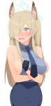  1girl absurdres animal_ear_fluff animal_ears blonde_hair blue_archive blue_eyes blue_necktie blue_shirt blue_skirt blush breasts commentary_request forbidden404 halo highres kanna_(blue_archive) korean_commentary large_breasts long_hair looking_to_the_side necktie open_mouth shirt skirt sleeveless sleeveless_shirt solo 
