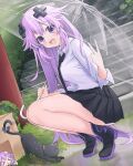  1girl :d adult_neptune alternate_costume bare_legs black_skirt blush cat character_doll collared_shirt d-pad d-pad_hair_ornament full_body giga-tera hair_between_eyes hair_ornament highres long_hair long_sleeves looking_at_viewer necktie neptune_(series) pleated_skirt purple_eyes purple_hair shin_jigen_game_neptune_vii shirt skirt smile solo squatting transparent transparent_umbrella umbrella v very_long_hair white_shirt 