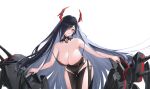  1girl absurdres ano_(madoka23) azur_lane bare_shoulders black_dress black_hair blush breasts cleavage dress friedrich_der_grosse_(azur_lane) hair_over_one_eye highres horns huge_breasts leaning_forward long_hair looking_at_viewer mechanical_horns red_horns solo thigh_gap very_long_hair white_background yellow_eyes 
