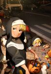  4girls absurdres bird blonde_hair blush candy car character_request duck food habit halloween_bucket highres khyle. little_nuns_(diva) looking_at_viewer motor_vehicle multiple_girls night nun on_floor outdoors smile tearing_up triangle_mouth yellow_eyes 