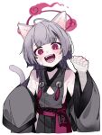  1girl animal_ears bandaged_arm bandaged_hand bandages bare_shoulders bell blue_archive cat_ears cat_tail clothing_cutout detached_sleeves flat_chest gauze gauze_on_cheek grey_hair grey_sleeves halo highres japanese_clothes jingle_bell long_hair looking_at_viewer obi open_mouth red_eyes red_halo sash shiromoca shuro_(blue_archive) simple_background smile solo tail upper_body white_background 