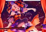  1girl animal_ears bat_(animal) bat_hair_ornament bow bowtie breasts broom cat_ears dress hair_ornament halloween hat high_heels highres medium_breasts multicolored_hair open_mouth orange_eyes orange_hair original pantyhose pink_hair pochimaru_(marumaru_wanwan) puffy_sleeves solo witch_hat 