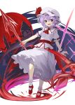  1girl akisome_hatsuka bat_(animal) commentary_request full_body hat looking_at_viewer mob_cap open_mouth pointy_ears purple_hair red_eyes red_footwear remilia_scarlet shirt short_hair short_sleeves skirt socks solo spear_the_gungnir touhou white_headwear white_shirt white_skirt white_socks 