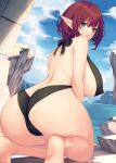  ass bikini black_bikini blue_eyes blue_sky breasts brown_hair closed_mouth cloud commentary_request covered_nipples from_behind highres huge_breasts kirishima_satoshi kneeling leaning_forward looking_at_viewer looking_back mature_female original pointy_ears short_hair sky smile swimsuit water 