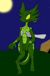  anthro claws detailed_background duo female grass green_body green_scales holding_person jesuscheesus kobold looking_at_viewer moon night nude piercing plant reptile scales scalie star tail thick_thighs yellow_eyes 