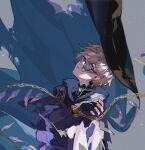  1boy black_cloak black_gloves black_shirt cloak closed_mouth faust_lavinia fingerless_gloves glasses gloves grey_background highres hitokoto light_brown_hair looking_at_viewer mahoutsukai_no_yakusoku male_focus purple_eyes shirt solo wavy_hair 