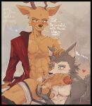  &lt;3 abs anthro antlers ball_grab balls beastars belt blsuhing blush blush_lines body_hair bottomwear canid canine canis chest_hair clothed clothing deer dialogue dripping duo eye_scar facial_scar genitals grey_body half-erect head_grab hi_res horn humanoid_genitalia humanoid_penis imminent_sex legoshi_(beastars) liquid louis_(beastars) male male/male mammal multicolored_body musk_clouds nick7005 nipples pants partially_clothed penis scar tuft two_tone_body underwear vein veiny_penis wolf 