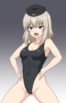  1girl black_headwear black_one-piece_swimsuit blue_eyes breasts cleft_of_venus commentary_request competition_swimsuit covered_navel cowboy_shot frown garrison_cap girls_und_panzer gradient_background grey_background hat highleg highleg_swimsuit highres itsumi_erika kunokanata looking_at_viewer medium_breasts medium_hair military_hat one-piece_swimsuit open_mouth partial_commentary solo standing swimsuit 