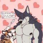  ashi-ton big_pecs canid canine canis dialogue duo eyes_closed felid fluffy fur male male/male mammal muscular muscular_male nipple_fetish nipple_play nipple_suck nipples pantherine pecs purring simple_background simple_eyes speech_bubble sr_rocky_(character) sucking tiger wolf 