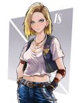  1girl android_18 belt black_vest blonde_hair blue_eyes breasts chain cleavage denim dragon_ball dragon_ball_z earrings elbow_pads gloves hands_in_pockets highres jeans jewelry looking_at_viewer medium_breasts medium_hair midriff_peek necklace pants pearl_necklace shirt solo to-ru vest white_shirt 