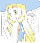  1girl artist_name bare_arms blonde_hair braid eyelashes from_side green_eyes hand_up hat lillie_(pokemon) long_hair looking_to_the_side mixed-language_commentary noelia_ponce parted_lips pokemon pokemon_(anime) pokemon_sm_(anime) signature sleeveless solo twin_braids upper_body 