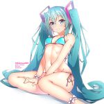  1girl ankle_scrunchie aqua_bikini aqua_hair arm_tattoo artist_name bare_arms bare_legs bare_shoulders bikini blue_eyes blush breasts closed_mouth collarbone commentary_request feet_out_of_frame halkawa501 halterneck hatsune_miku highres long_hair looking_at_viewer navel number_tattoo scrunchie side-tie_bikini_bottom simple_background sitting small_breasts solo string_bikini swimsuit tattoo twintails underboob very_long_hair vocaloid white_background wrist_scrunchie yellow_eyes yokozuwari 