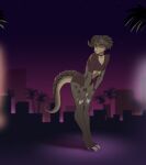  anthro ashe_colter bethesda_softworks bottomwear brown_body brown_scales choker claws clothing crop_top deathclaw fallout finger_claws girly hi_res horn hotpants jewelry kadzukai leaning leaning_forward looking_at_viewer male necklace palm_tree plant pupils purple_background red_eyes reptile scales scalie shirt shorts simple_background slit_pupils solo toe_claws topwear tree 