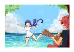  2girls absurdres black_shirt blue_eyes blue_hair blue_sky breasts closed_eyes cloud day grin highres holding_guitar idolmaster idolmaster_million_live! in_water julia_(idolmaster) kitakami_reika long_hair medium_breasts multiple_girls ocean open_mouth outdoors outstretched_arms pants red_hair red_pants running shirt short_hair short_sleeves shorts sitting sky smile splashing tree twintails wasted161 white_shirt 