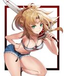 1girl absurdres bare_arms bare_shoulders belt black_belt blonde_hair breasts camisole commentary_request cutoffs denim denim_shorts fate/apocrypha fate_(series) green_eyes grin hand_on_own_hip highres holding holding_sword holding_weapon jewelry leaning_forward long_hair looking_at_viewer medium_breasts midriff mordred_(fate) mordred_(fate/apocrypha) mz_(yeye_ai_chipao_mian) navel over_shoulder pendant ponytail short_shorts shorts simple_background smile solo spaghetti_strap stomach sword thighs weapon weapon_over_shoulder white_background 