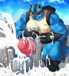 absurd_res aircraft anthro big_penis blue_body blush bodily_fluids building building_penetrated building_sex canid canine city cum cum_everywhere destruction erection excessive_cum excessive_genital_fluids eyes_closed flooding generation_4_pokemon genital_fluids genitals helicopter hi_res lucario macro male mammal mayar messy nintendo orgasm penetration penis pokemon pokemon_(species) red_eyes solo spines 