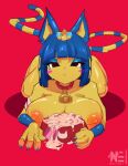  absurd_res animal_crossing ankha_(animal_crossing) anthro areola big_breasts blue_hair blush bodily_fluids bowl breast_rest breast_squish breasts cleavage clothed clothing collar container cowbell cum cum_in_bowl felid feline female genital_fluids hair hi_res legwear looking_at_viewer lying makeup mammal mascara nerfechi nintendo nipples on_front solo squish thigh_highs 