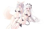  2girls animal_ears annytf ass_visible_through_thighs beyumi bikini black_bikini bow breasts cleavage demon_girl demon_tail fox_ears fox_girl fox_tail hair_bow halterneck indie_virtual_youtuber large_breasts long_hair looking_at_viewer micro_bikini mole mole_on_breast mole_under_mouth multicolored_hair multiple_girls navel open_mouth pink_eyes red_eyes side-tie_bikini_bottom simple_background stomach strap_gap streaked_hair string_bikini swimsuit tail thighs twintails two_side_up very_long_hair virtual_youtuber white_background white_hair 