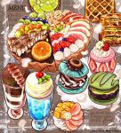  blueberry cherry chocolate_syrup commentary_request cup dessert food food_focus fruit fruit_tart kiwi_(fruit) kiwi_slice leaf macaron no_humans orange_(fruit) orange_slice original raspberry shunkashuntou still_life strawberry strawberry_slice tart_(food) 