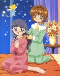  2girls absurdres barefoot braid brown_hair cardcaptor_sakura child daidouji_tomoyo feet flower green_eyes hair_half_undone highres indoors kero kinomoto_sakura multiple_girls on_bed pajamas pink_pajamas purple_hair red_flower short_hair snow white_flower wings 