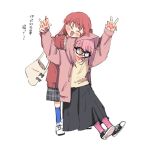  2girls :d bag bespectacled black_footwear black_skirt blue_eyes blue_socks blush bocchi_the_rock! closed_eyes commentary d3g_takahashi double_v glasses gloom_(expression) gotou_hitori hair_between_eyes holding_another&#039;s_wrist hood hood_up jacket kita_ikuyo leaning_on_person long_sleeves multiple_girls open_clothes open_jacket open_mouth pink_hair pink_jacket pink_socks plaid plaid_skirt red_hair red_sweater shirt shoulder_bag simple_background skirt smile socks standing sweatdrop sweater translation_request v white_background white_footwear yellow_shirt yuri 