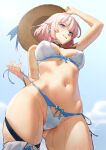  1girl arm_up bikini blue_eyes blue_sky bow breasts choker cloud day disto from_below hat highres holding honkai:_star_rail honkai_(series) large_breasts looking_at_viewer march_7th_(honkai:_star_rail) navel outdoors pink_hair short_hair side-tie_bikini_bottom skindentation sky solo stomach straw_hat sun_hat swimsuit thighs wet 