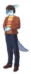  alpha_channel anthro benjamin_mcknight blue_body brown_hair cavemanon clothed clothing dinosaur eyewear glasses hadrosaurid hair half-closed_eyes hi_res i_wani_hug_that_gator male narrowed_eyes ornithischian parasaurolophus purple_eyes reptile scalie simple_background solo transparent_background 