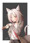  1girl :p animal_ear_fluff animal_ears black_collar black_skirt brown_jacket cat_ears cat_girl cat_tail collar cup fang grey_eyes grey_hair hanamiduki25 hand_on_own_hip heterochromia highres jacket jewelry long_sleeves looking_at_viewer medium_hair multicolored_hair multiple_rings necklace open_clothes open_jacket original pendant red_eyes red_hair red_shirt ring shirt signature skin_fang skirt spill spilling tail tea teacup tongue tongue_out two-tone_shirt white_hair white_shirt 