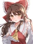  1girl :o absurdres arm_at_side ascot bare_shoulders blush bow breasts brown_eyes brown_hair commentary_request detached_sleeves frilled_ascot frilled_bow frilled_hair_tubes frilled_shirt_collar frills hair_between_eyes hair_bow hair_intakes hair_tubes hakurei_reimu hand_up highres ikeyan0677 long_hair looking_at_viewer open_mouth red_bow red_vest simple_background small_breasts solo sweat swept_bangs touhou upper_body very_long_hair vest white_background wide_sleeves yellow_ascot 