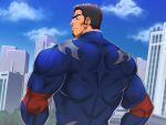  1boy back bara blue_bodysuit bodysuit character_request cityscape facial_hair from_behind goatee hero&#039;s_destiny highres long_sideburns looking_at_viewer looking_back male_focus mature_male muscular muscular_male otonano-tsumiki_(circle) scar scar_on_face scar_on_nose short_hair sideburns skin_tight smile solo superhero triceps upper_body yakisoba_ohmori 