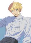  1boy aqua_eyes ark1478 ascot bishounen blonde_hair guilty_gear guilty_gear_strive highres ky_kiske long_sleeves looking_at_viewer male_focus parted_lips shirt short_hair simple_background white_ascot white_shirt 