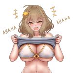  1girl ahoge anis_(nikke) bikini blush breasts brown_eyes brown_hair clothes_lift clothes_writing goddess_of_victory:_nikke grey_shirt hair_between_eyes hair_ornament highres kuronekozero large_breasts laughing looking_at_viewer open_mouth shirt short_hair simple_background smile solo swimsuit t-shirt teeth upper_body upper_teeth_only white_background 
