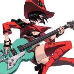  1girl black_hair boots breasts cleavage electric_guitar fingerless_gloves gloves guilty_gear guilty_gear_strive guilty_gear_xrd guitar hat highres i-no instrument large_breasts medium_hair purple_z red_footwear red_headwear red_leather red_lips short_hair thigh_boots witch_hat 
