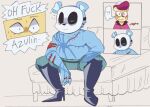  2023 anthro azulin_(unicorn_wars) bear bed blue_body blush cabo_pompon_(unicorn_wars) dialogue duo english_text furniture mammal mask scar sitting sketchyvillain surprise text tired unicorn_wars 