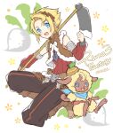  1boy :d arm_warmers black_pants blonde_hair blue_eyes blue_scarf blush boots brown_footwear brown_jacket commentary_request copyright_name cropped_jacket dual_persona full_body hand_up hoe holding_hoe jacket looking_at_viewer male_focus mice_(rune_factory) mini_mamu open_mouth pants red_sweater rune_factory rune_factory_3 scarf sheep short_hair sitting sleeveless smile sweater turnip 