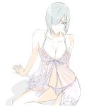  1girl bare_shoulders breasts cleavage collarbone fiona_frost grey_eyes grey_hair hair_over_one_eye highres large_breasts looking_at_viewer mitsugu muted_color pink_negligee short_hair simple_background sitting solo spy_x_family underwear white_background 