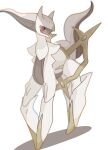  animal_focus arceus blurry chromatic_aberration colored_sclera commentary depth_of_field full_body gem green_gemstone green_sclera highres looking_to_the_side no_humans pokemon pokemon_(creature) red_eyes simple_background solo standing tamako_(pixiv_71110817) white_background 