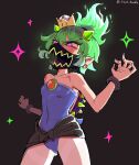  1girl ass_visible_through_thighs black_background blue_leotard bowsette_jr. breasts commentary_request covered_navel crown doodle_shark earrings fiery_hair fingernails green_hair green_horns highres horns jewelry korean_commentary leotard mario_(series) mask mixed-language_commentary mouth_mask new_super_mario_bros._u_deluxe petite pink_eyes pointy_ears sharp_fingernails small_breasts solo sparkle spiked_shell strapless strapless_leotard super_crown twitter_username 