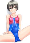  1girl absurdres black_hair blue_one-piece_swimsuit breasts cameltoe collarbone commentary_request competition_swimsuit green_eyes grin highres logo looking_at_viewer multicolored_clothes multicolored_swimsuit one-piece_swimsuit original short_hair simple_background small_breasts smile solo spread_legs standing swimsuit takafumi tomboy variant_set white_background 