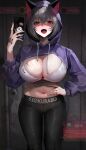  1girl absurdres animal_ears black_pants bottomless bra breasts cellphone cleavage commentary_request grey_hair hair_between_eyes hand_on_own_hip havoc-chan highres holding holding_phone hood hooded_jacket jacket large_breasts long_sleeves looking_at_viewer mole mole_under_eye open_mouth original pants phone purple_jacket red_eyes short_hair shrug_(clothing) solo standing suou-sensei teeth underwear upper_teeth_only white_bra yami_kawaii 