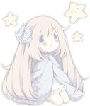  1girl blanket blonde_hair blue_bow blue_choker blue_eyes blush blush_stickers bow brown_eyes chibi choker closed_mouth covering_with_blanket dress english_commentary eyelashes frilled_bow frilled_dress frills hair_bow kneeling layered_dress littlebluemuffin long_hair looking_at_another looking_up messy_hair night open_mouth original outline short_dress sidelocks smile solid_oval_eyes star_(symbol) star_print transparent_background very_long_hair white_dress white_outline 