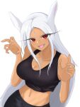 1girl absurdres animal_ears bare_arms bare_shoulders black_pants black_tank_top boku_no_hero_academia breasts claw_pose cleavage collarbone crop_top dark-skinned_female dark_skin fang hair_between_eyes hands_up highres jewelry large_breasts long_eyelashes long_hair looking_at_viewer mirko navel necklace open_mouth pants parted_bangs rabbit_ears rabbit_girl red_eyes smile solo tank_top tobira_illust toned tongue upper_body very_long_hair white_background white_hair 