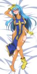  1girl blue_hair blue_tabard blush bodysuit boots breasts collarbone cross dakimakura_(medium) dragon_quest dragon_quest_iii full_body gloves highres large_breasts long_hair lying moyomoto_frt on_back open_mouth orange_bodysuit priest_(dq3) red_eyes single_boot solo tabard toes torn_bodysuit torn_clothes white_background yellow_footwear yellow_gloves 