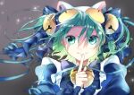  1girl animal_hat apron bell blue_ribbon cat_hat closed_mouth dejiko di_gi_charat eyelashes finger_to_mouth green_hair grey_background hair_bell hair_between_eyes hair_ornament hat jingle_bell long_sleeves neck_bell oboro_keisuke ribbon shushing smile solo upper_body white_apron wrist_bow 