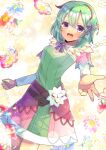  1girl :d bow breasts brown_hair commentary_request commission dress floral_background green_dress green_hair hair_between_eyes kohaku_(rune_factory) kou_hiyoyo layered_sleeves long_sleeves looking_at_viewer multicolored_hair pink_skirt purple_bow purple_eyes rune_factory short_over_long_sleeves short_sleeves skeb_commission skirt small_breasts smile solo streaked_hair 