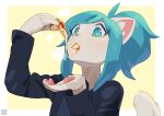  5_fingers absurd_res anthro black_clothing black_shirt black_topwear blue_eyes blue_hair breasts clothed clothing digital_media_(artwork) felid feline female fingers food food_in_mouth fur hair hi_res holding_food holding_object holding_pizza kemokin_mania mammal object_in_mouth pawpads pink_nose pink_pawpads pizza pizza_slice shirt simple_background smile solo tail topwear white_body white_fur 
