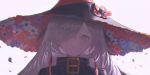  1girl black_coat blush close-up coat flower grey_eyes grey_hair hair_over_one_eye hat hat_flower highres isekai_joucho kamitsubaki_studio long_hair looking_at_viewer multicolored_hair petals red_hair shiraishi_kanoya simple_background smile solo two-tone_hair virtual_youtuber white_background witch_hat 