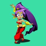  blue_eyes breasts cleavage clothed clothing ear_piercing ear_ring female footwear genie hair hi_res humanoid humanoid_pointy_ears long_hair not_furry open_mouth open_smile piercing ponytail pose purple_hair ring_piercing scottforester17 shantae shantae_(series) simple_background smile solo wayforward 